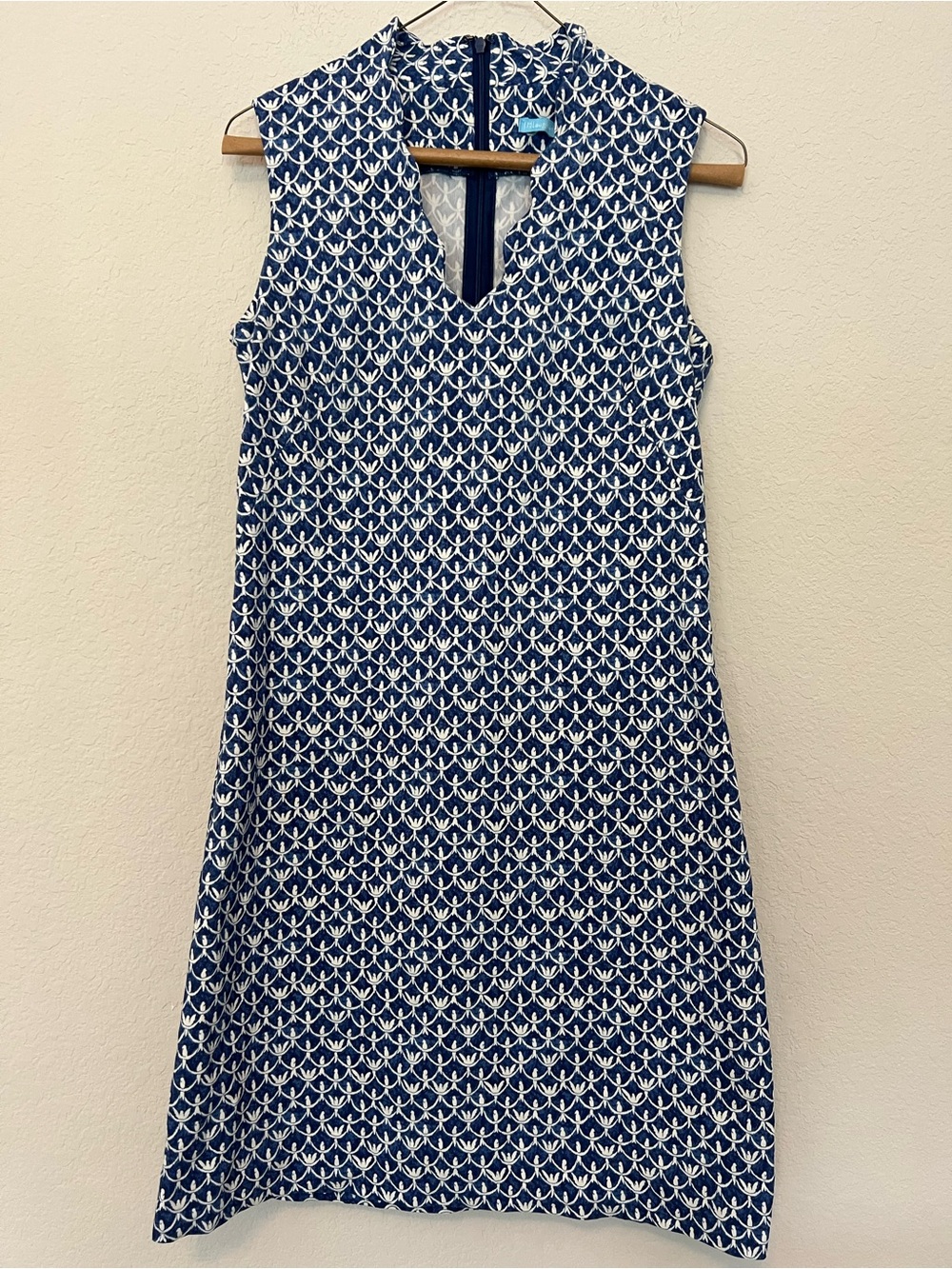 J McLaughlin blue White Bird Patterned Sleeveless scalloped neck Shift Dress 2